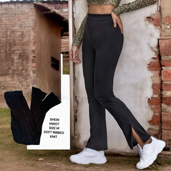 SHEIN Pants - NWOT SHEIN Athletic Pants Black Split Hem Soft Ribbed Knit Leggings Size Medium